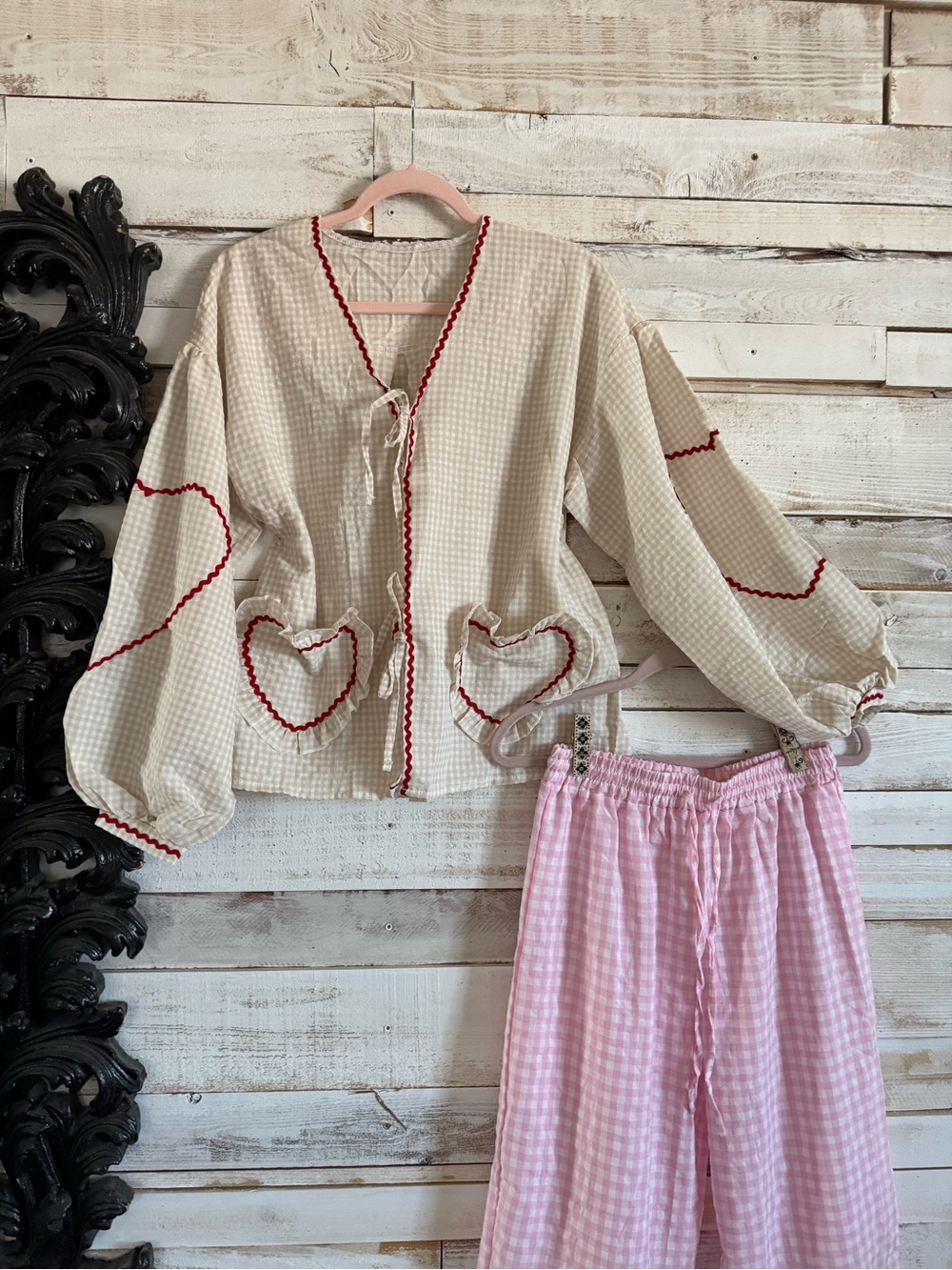 Cream Gingham Tie-Front Top with Heart Patch Details
